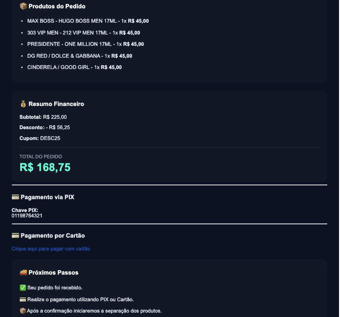 Pedido e-mail com Link Pagto